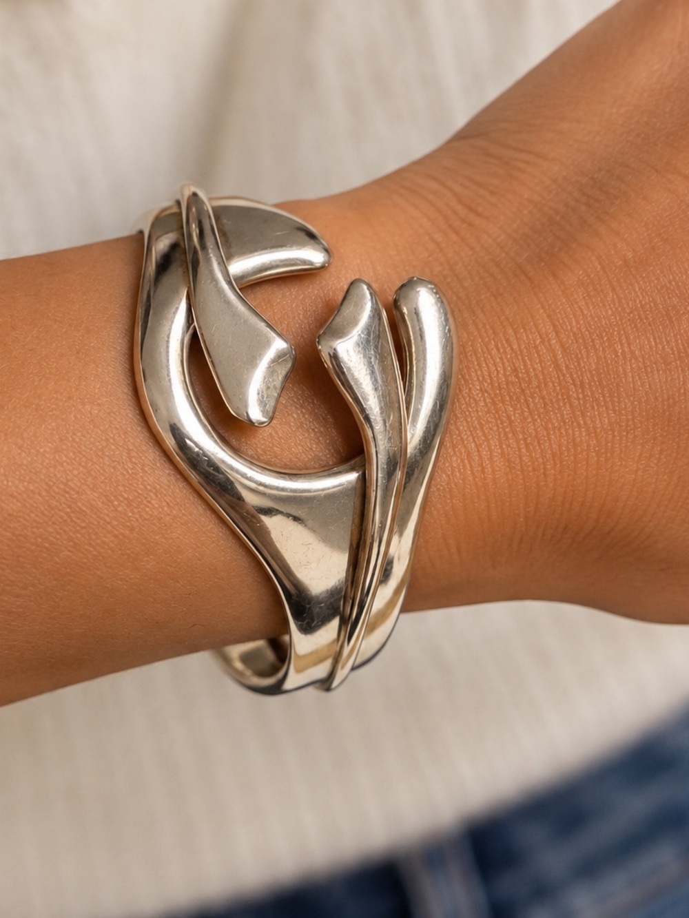 Vintage TD-35 Mexico 925 Sterling Silver Modernist Hinged Cuff Bracelet